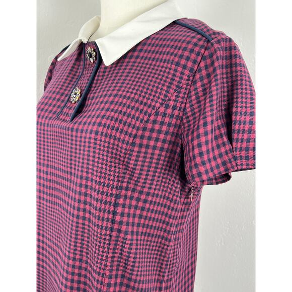 HOUNDSTOOTH MINI DRESS in Navy Burgundy Pleated Drop Waist (Womens: 6-8) - Picture 9 of 16